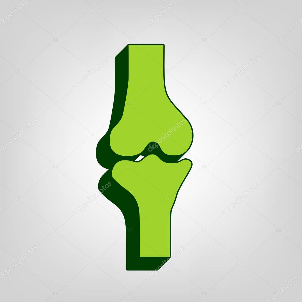 Knee joint sign. Vector. Yellow green solid icon with dark green external body at light colored background.