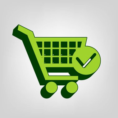 Check Mark ile alışveriş sepeti işareti. Vektör. Açık renkli arka planda koyu yeşil dış gövdeye sahip sarı yeşil katı simge.