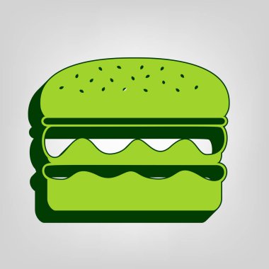 Burger basit işareti. Vektör. Açık renkli arka planda koyu yeşil dış gövdeye sahip sarı yeşil katı simge.
