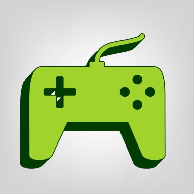 Joystick basit işareti. Vektör. Açık renkli arka planda koyu yeşil dış gövdeye sahip sarı yeşil katı simge.