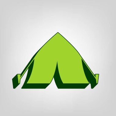 Turist çadırı işareti. Vektör. Açık renkli arka planda koyu yeşil dış gövdeye sahip sarı yeşil katı simge.