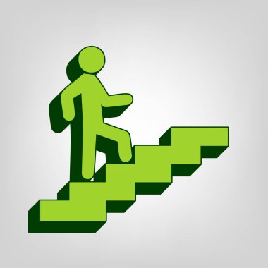 Merdivenlerde adam yukarı gidiyor. Vektör. Açık renkli arka planda koyu yeşil dış gövdeye sahip sarı yeşil katı simge.