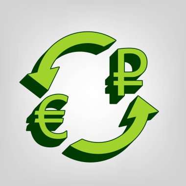 Döviz Alım Satım işareti. Euro ve Rusya Rublesi. Vektör. Açık renkli renkli, koyu yeşil dış gövde ile sarı yeşil katı simgesi.