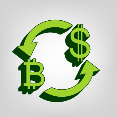 Döviz Alım Satım işareti. Bitcoin ve ABD Doları. Vektör. Açık renkli renkli, koyu yeşil dış gövde ile sarı yeşil katı simgesi.