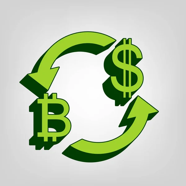 通貨は交換サインです ビットコインと米国ドル ベクトル 光色を背景に暗い緑の外部ボディ黄色緑色固体のアイコン — ストックベクタ