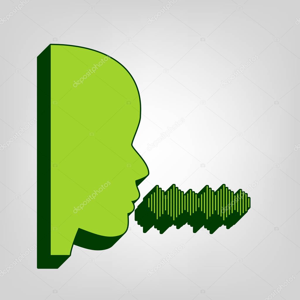 People speaking or singing sign. Vector. Yellow green solid icon with dark green external body at light colored background.