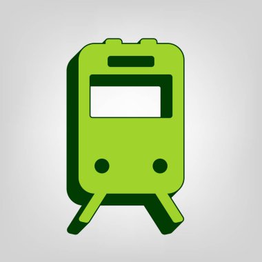 Tren işareti. Vektör. Açık renkli arka planda koyu yeşil dış gövdeye sahip sarı yeşil katı simge.