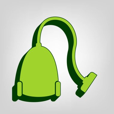 Elektrikli süpürge işareti. Vektör. Açık renkli renkli, koyu yeşil dış gövde ile sarı yeşil katı simgesi.