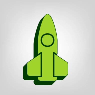 Retro roket işareti illüstrasyon. Vektör. Açık renkli renkli, koyu yeşil dış gövde ile sarı yeşil katı simgesi.