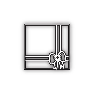 Hediye kutusu işareti illüstrasyon. Vektör. Beyaz arka planda yumuşak gölgeli çift konturlu siyah simge. Izole.