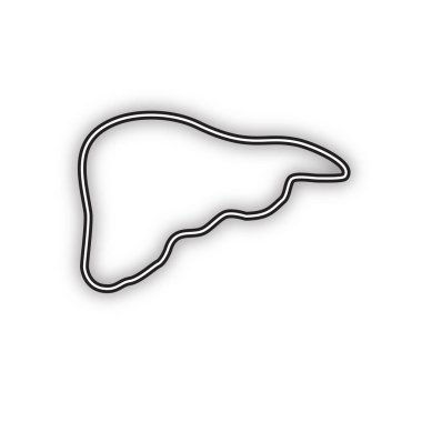 İnsan anatomisi. Karaciğer işareti. Vektör. Beyaz arka planda yumuşak gölgeli çift konturlu siyah simge. Izole.