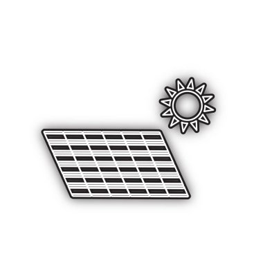 Güneş enerjisi paneli. Eko trend kavramı işareti. Vektör. Beyaz arka planda yumuşak gölgeli çift konturlu siyah simge. Izole.