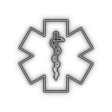 Acil Durum veya Yaşam Yıldızı'nın tıbbi sembolü. Vektör. Beyaz arka planda yumuşak gölgeli çift konturlu siyah simge. Izole.