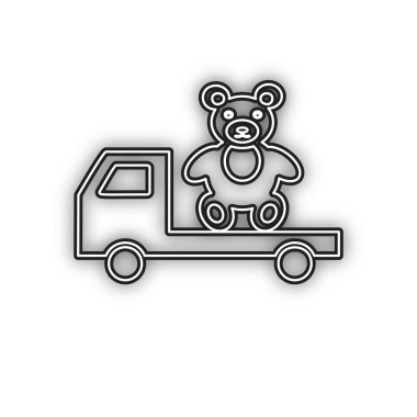 Ayılı kamyon. Vektör. Beyaz arka planda yumuşak gölgeli çift konturlu siyah simge. Izole.