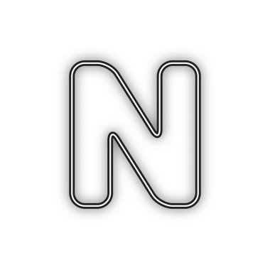 N harfi işareti tasarım şablonu öğesi. Vektör. Beyaz arka planda yumuşak gölgeli çift konturlu siyah simge. Izole.