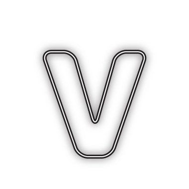 V harfi işareti tasarım şablonu öğesi. Vektör. Beyaz arka planda yumuşak gölgeli çift konturlu siyah simge. Izole.