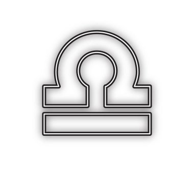 Terazi burcu illüstrasyon. Vektör. Beyaz arka planda yumuşak gölgeli çift konturlu siyah simge. Izole.