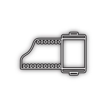 Eski fotoğraf kamera casset işareti. Vektör. Beyaz arka planda yumuşak gölgeli çift konturlu siyah simge. Izole.