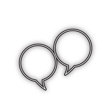 İki konuşma kabarcığı işareti. Vektör. Beyaz arka planda yumuşak gölgeli çift konturlu siyah simge. Izole.