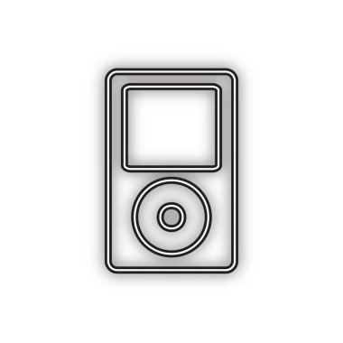 Taşınabilir müzik cihazı. Vektör. Beyaz arka planda yumuşak gölgeli çift konturlu siyah simge. Izole.