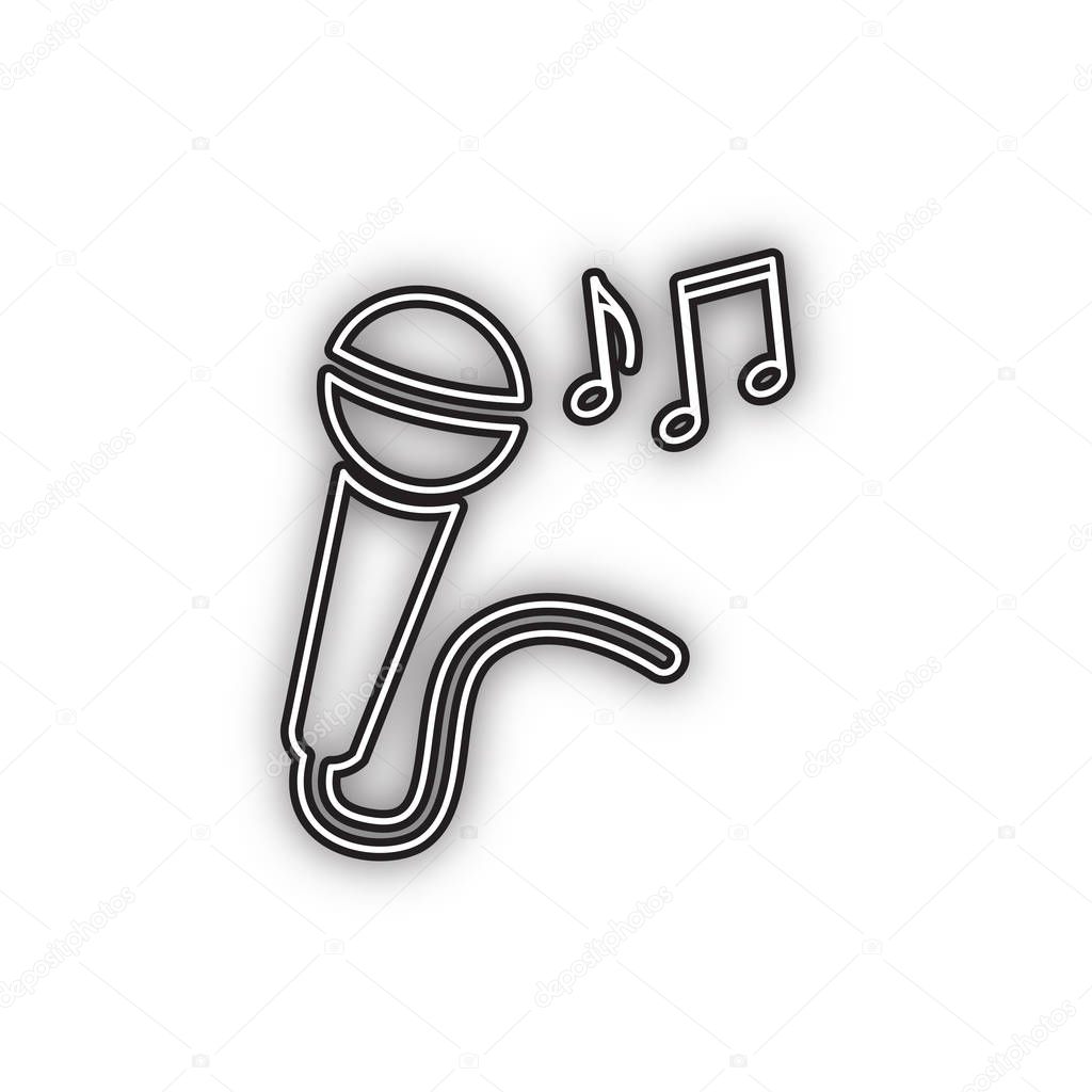 Microphone sign with music notes. Vector. Double contour black icon with soft shadow at white background. Isolated.