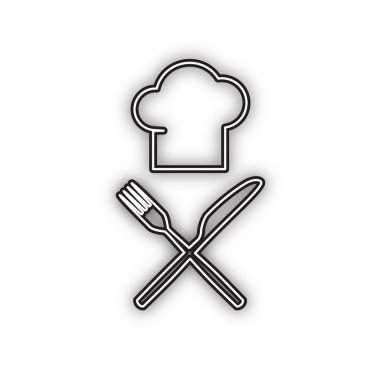 Bıçak ve çatal tabelalı şef. Vektör. Beyaz arka planda yumuşak gölgeli çift konturlu siyah simge. Izole.