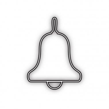 Zil Alarmı, el zili işareti. Vektör. Beyaz arka planda yumuşak gölgeli çift konturlu siyah simge. Izole.