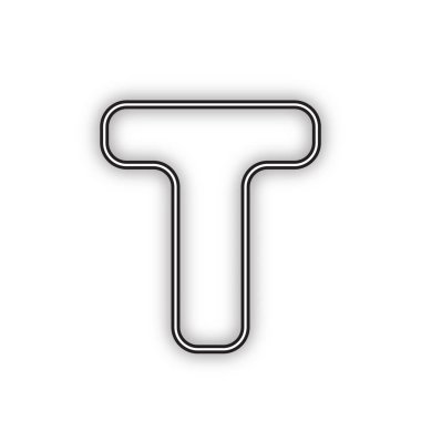 Harf T işareti tasarım şablonu öğesi. Vektör. Beyaz arka planda yumuşak gölgeli çift konturlu siyah simge. Izole.