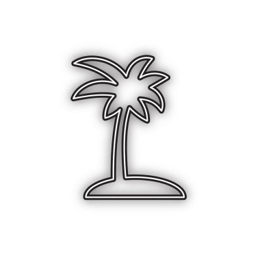 Hindistan cevizi palmiye ağacı işareti. Vektör. Beyaz arka planda yumuşak gölgeli çift konturlu siyah simge. Izole.