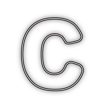 C harfi işareti tasarım şablonu öğesi. Vektör. Beyaz arka planda yumuşak gölgeli çift konturlu siyah simge. Izole.