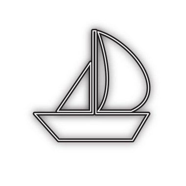 Yelken teknesi işareti. Vektör. Beyaz arka planda yumuşak gölgeli çift konturlu siyah simge. Izole.