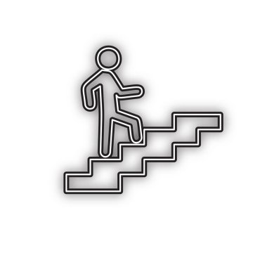 Merdivenlerdeki adam yukarı çıkıyor. Vektör. Beyaz arka planda yumuşak gölgeli çift konturlu siyah simge. Izole.