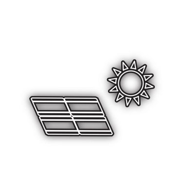 Güneş enerjisi paneli. Eko trend kavramı işareti. Vektör. Beyaz arka planda yumuşak gölgeli çift konturlu siyah simge. Izole.