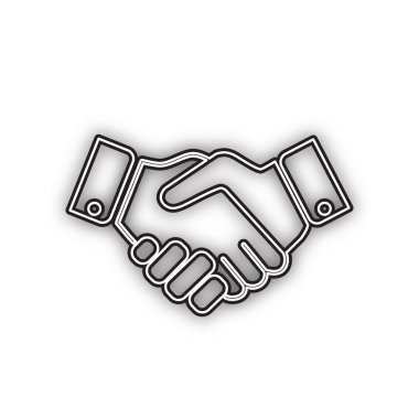 İş el sıkışma / sözleşme anlaşması işareti illüstrasyon. Vektör. Beyaz arka planda yumuşak gölgeli çift konturlu siyah simge. Izole.