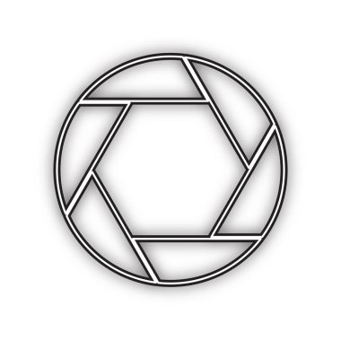 Fotoğraf işareti illüstrasyon. Vektör. Beyaz arka planda yumuşak gölgeli çift konturlu siyah simge. Izole.