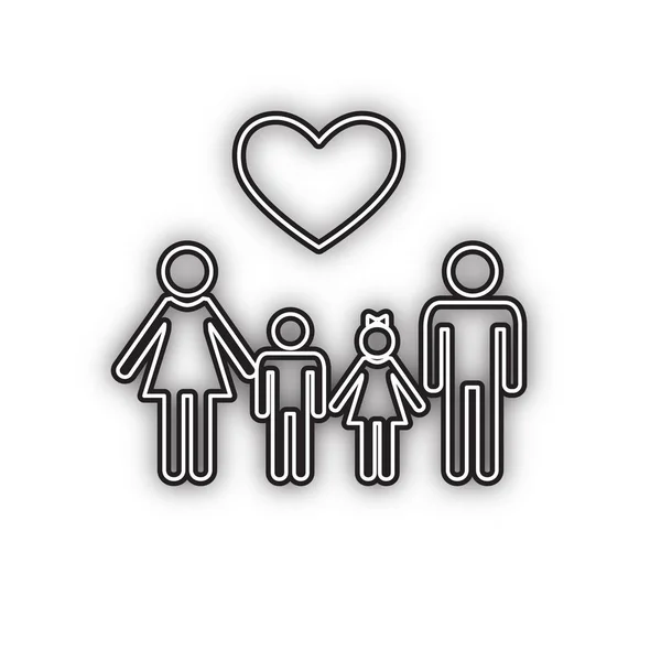 家庭符号与心脏 丈夫和妻子是孩子的手 双轮廓黑色图标 白色背景为柔和阴影 — 图库矢量图片