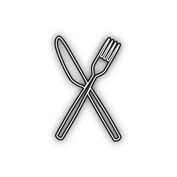 Señal Tenedor Cuchillo Vector Icono Negro Doble Contorno Con Sombra — Vector de stock