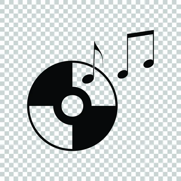 Disco compacto con signo de notas musicales. Icono negro en ba transparente — Archivo Imágenes Vectoriales