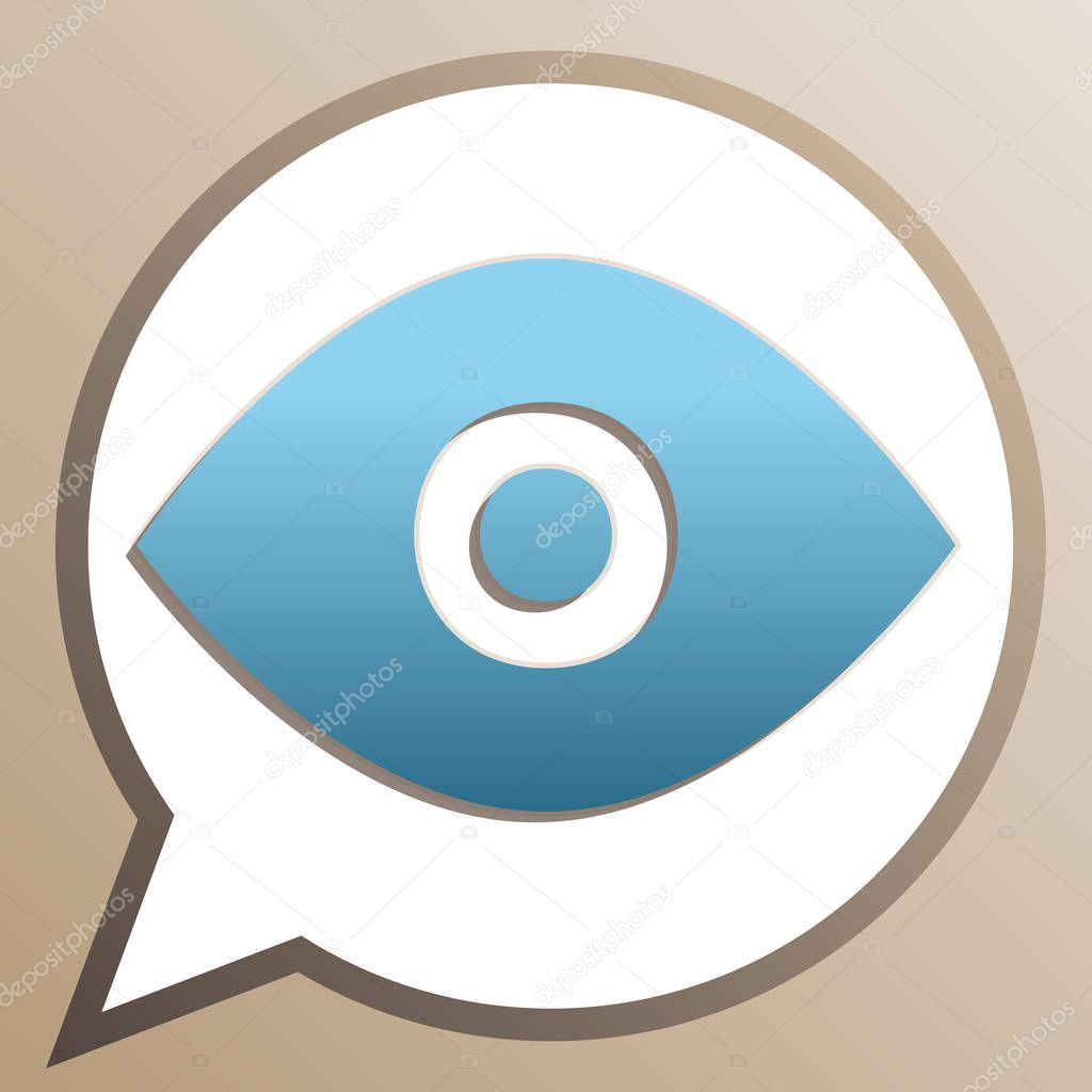 Eye sign illustration. Bright cerulean icon in white speech ball