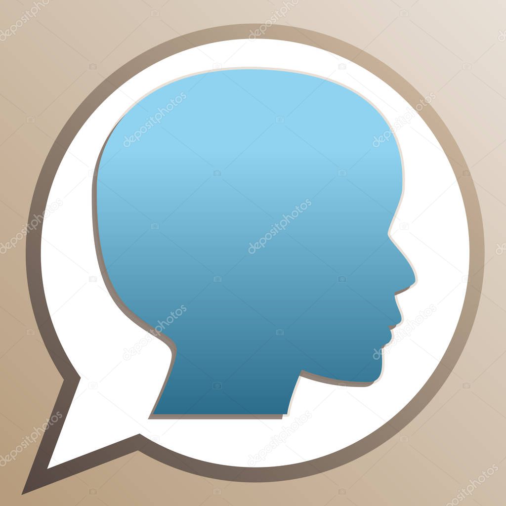 People head sign. Bright cerulean icon in white speech balloon a