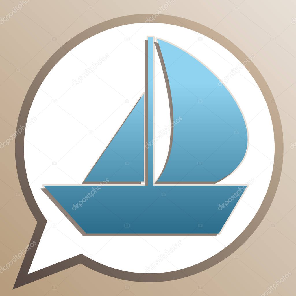 Sail Boat sign. Bright cerulean icon in white speech balloon at 