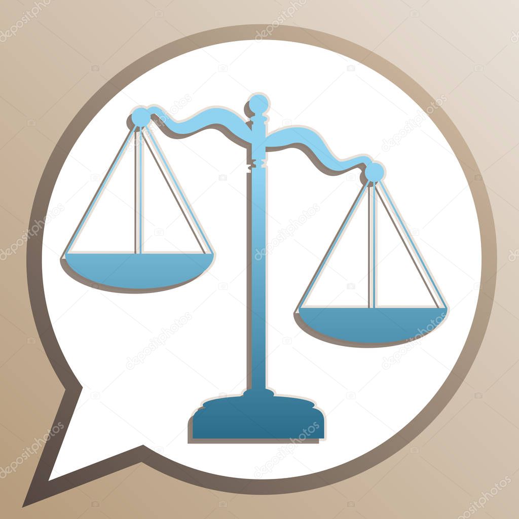 Scales of Justice sign. Bright cerulean icon in white speech bal