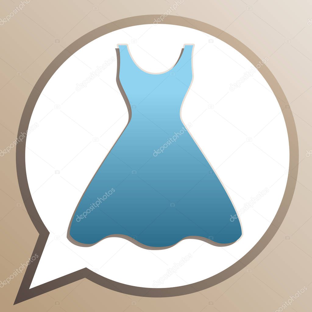 Woman dress sign. Bright cerulean icon in white speech balloon a