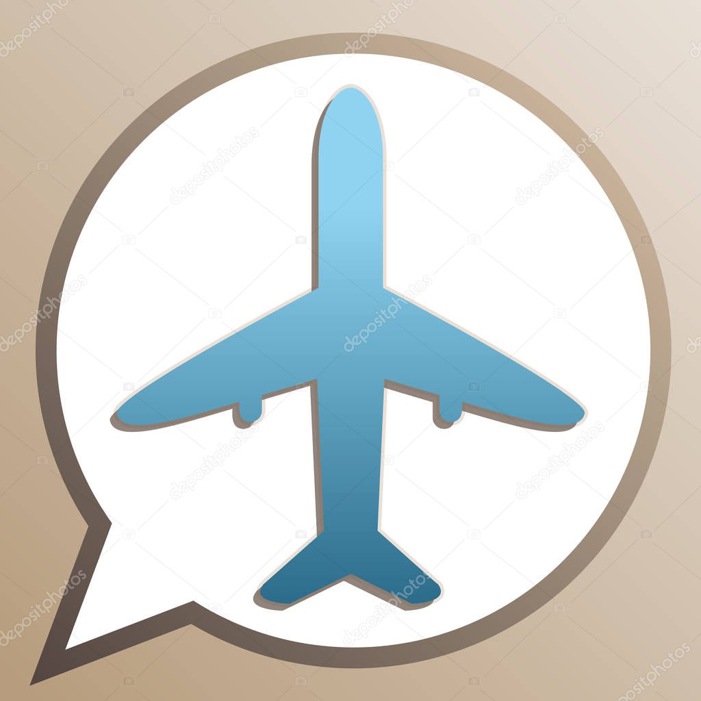 Airplane sign illustration. Bright cerulean icon in white speech
