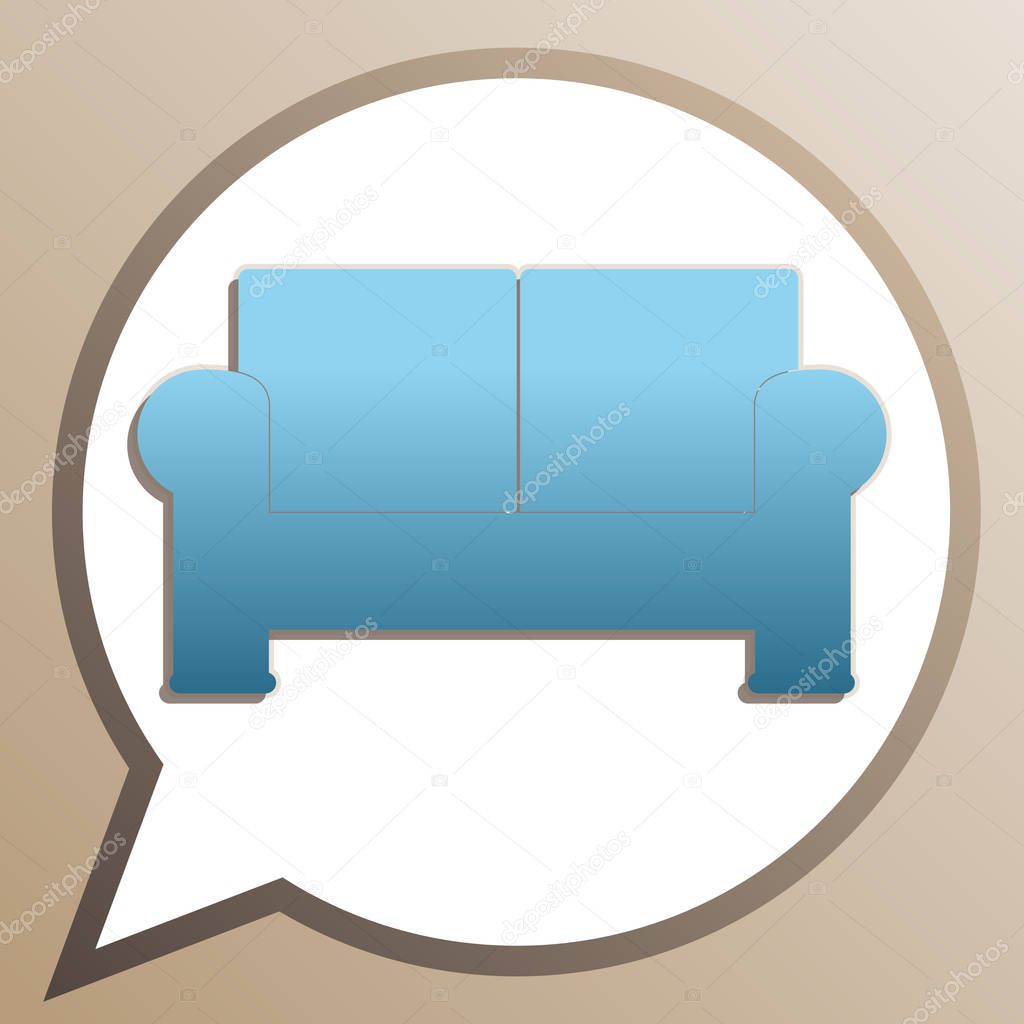 Sofa sign illustration. Bright cerulean icon in white speech bal
