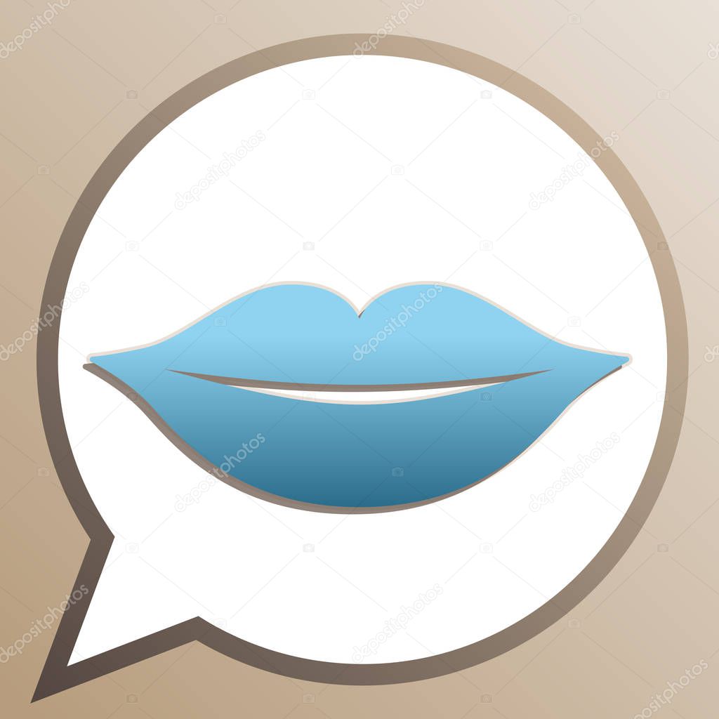 Lips sign illustration. Bright cerulean icon in white speech bal