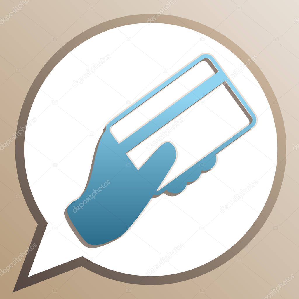 Hand holding a credit card. Bright cerulean icon in white speech
