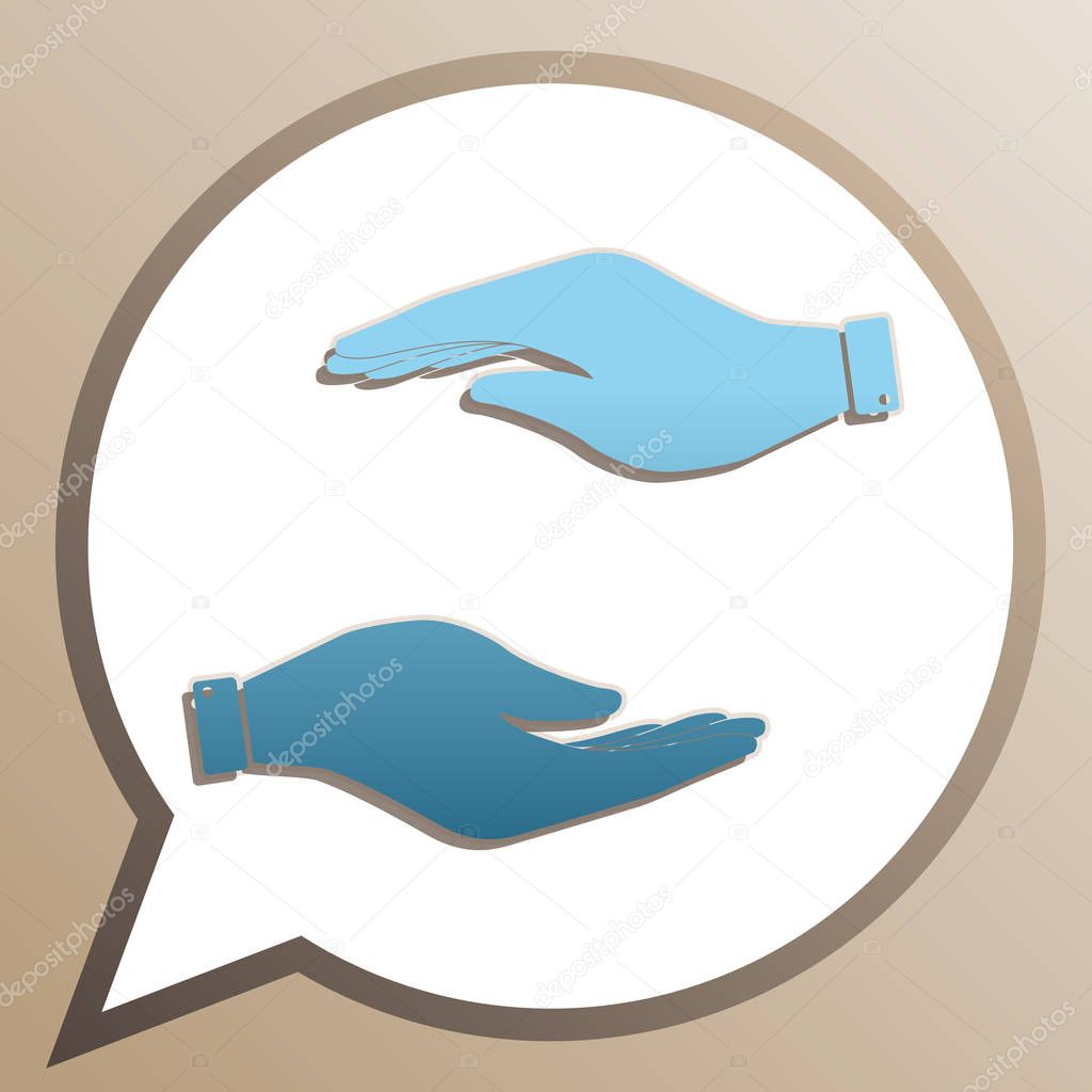 Hand sign illustration. Bright cerulean icon in white speech bal