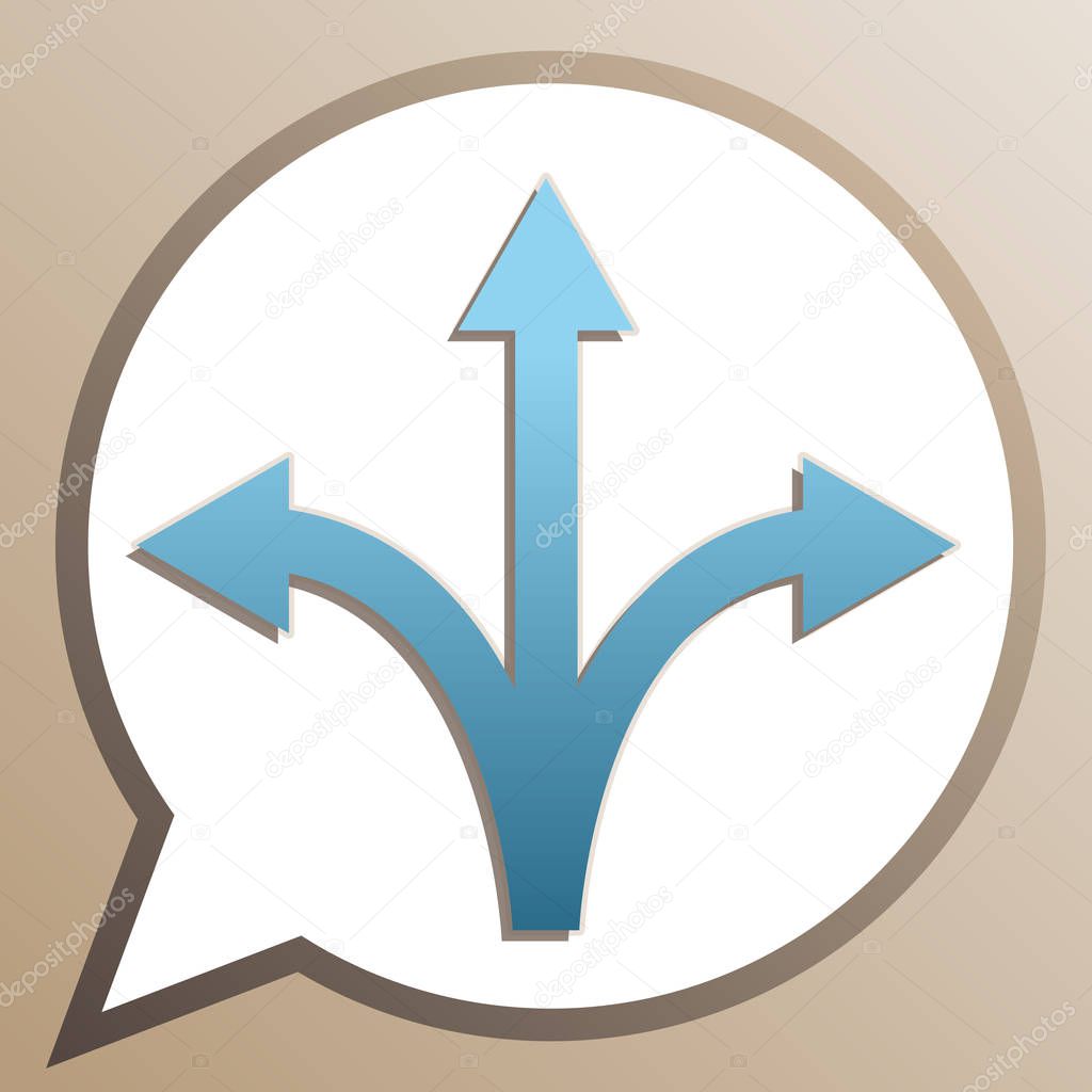 Three-way direction arrow sign. Bright cerulean icon in white sp