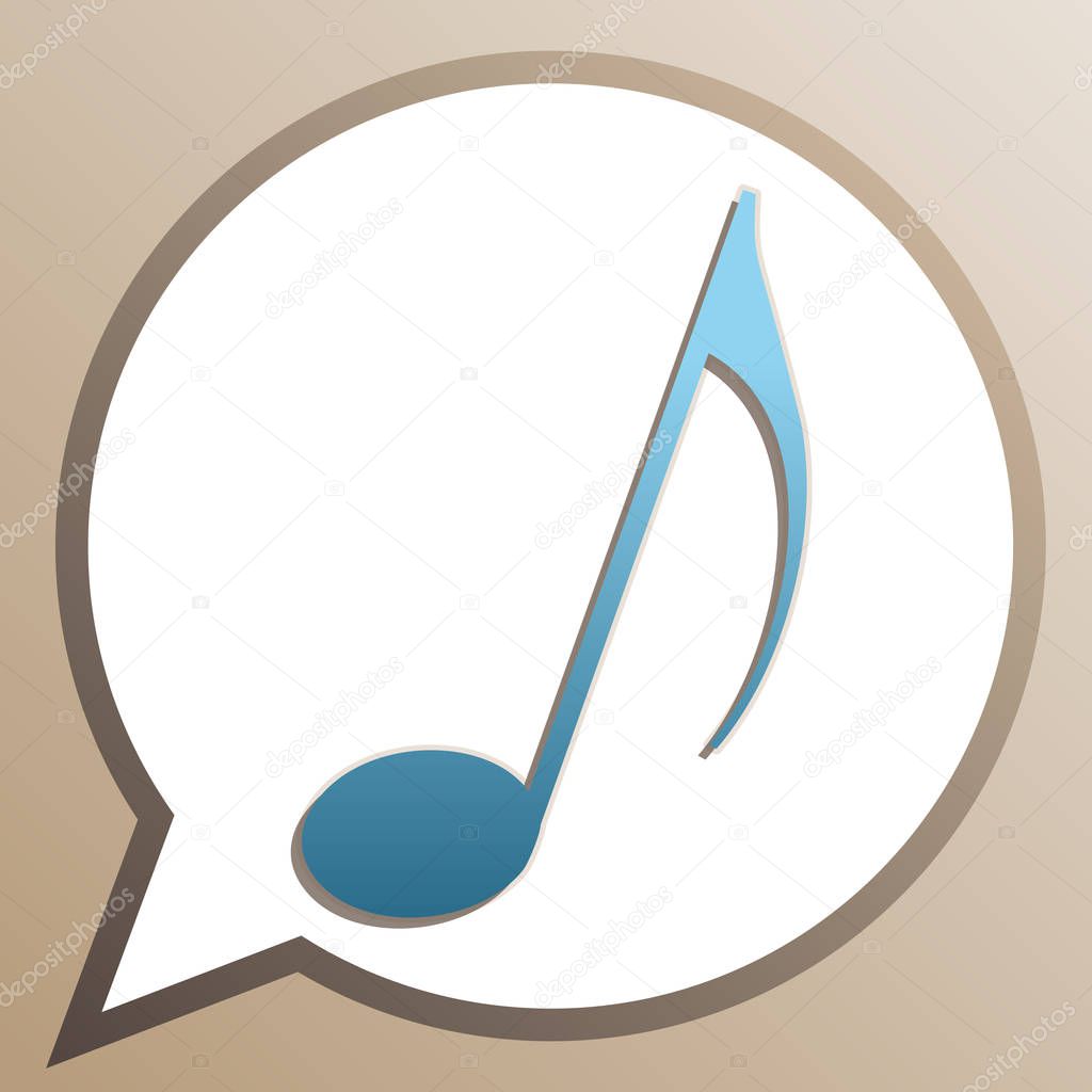 Music note sign. Bright cerulean icon in white speech balloon at